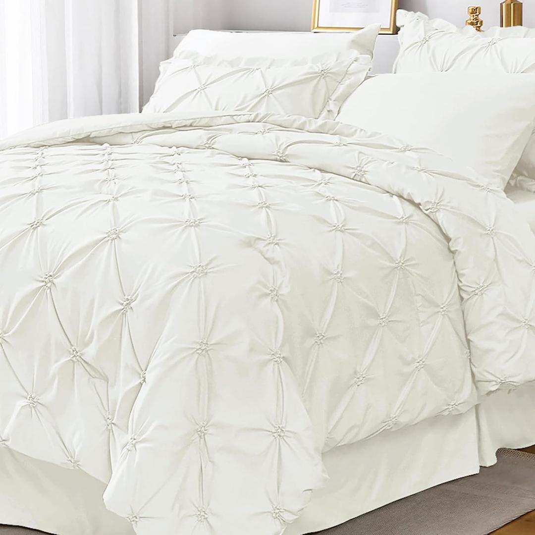 JOLLYVOGUE Ivory King Size Comforter Sets 7 Pieces, Pintuck Bed in a Bag Comforter Set for Bedroom, Bedding Comforter Sets with Comforter, Sheets, Ruffled Shams & Pillowcases (King(102"x 90"))