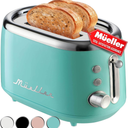 MÜELLERHOME Retro Toaster 2 Slice, 7 Browning Levels, 3 Functions (Reheat, Defrost, Cancel), Stainless Steel Features, Removable Crumb Tray, Under Base Cord Storage, Turquoise