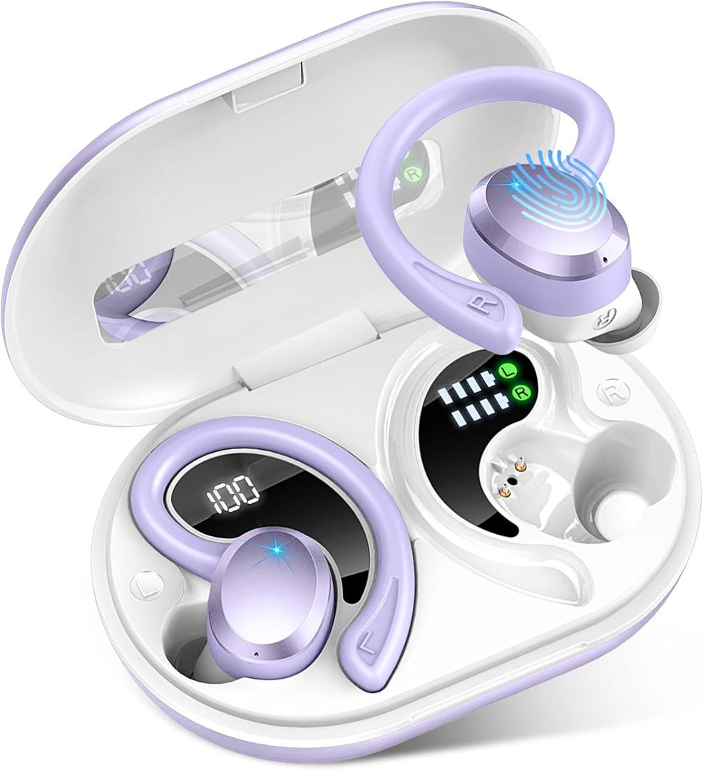 Wireless Earbuds Bluetooth Headphone Sport, Bluetooth 5.3 Earbud 3D HiFi Stereo Over Ear Buds, 48Hrs Earhooks Earphone with Noise Cancelling Mic, IP7 Waterproof Headset for Workout/Running/Gym, Purple (800 mAh)