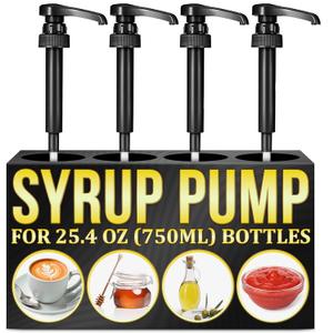 4 Pcs Coffee Syrup Pump Dispenser Set - Syrup Pumps for Coffee Bar 750ml Bottles with Food-Grade Plastic Adjustable Tube, Lockable Mechanism - Accurate Dispensing, Easy Cleaning for Various Liquids