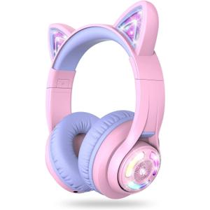 iClever Cat Ear Kids Bluetooth Headphones, LED Lights Up, 74/85dBA Safe Volume Limited, 50H Playtime,Bluetooth 5.2, USB C,Kids Headphones Wireless Over Ear for Travel iPad Tablet, Meow Macaron-Purple