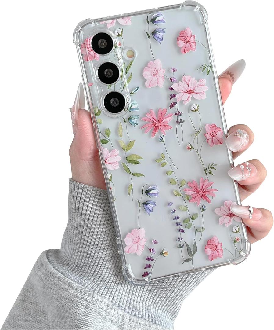 DEFBSC Soft Case Compatible with Samsung Galaxy A17 5G, Clear Floral Flower Pattern Print Design Flexible TPU Shockproof Cover for Women Girls, Flower Protective Phone Case,Pink Cosmos