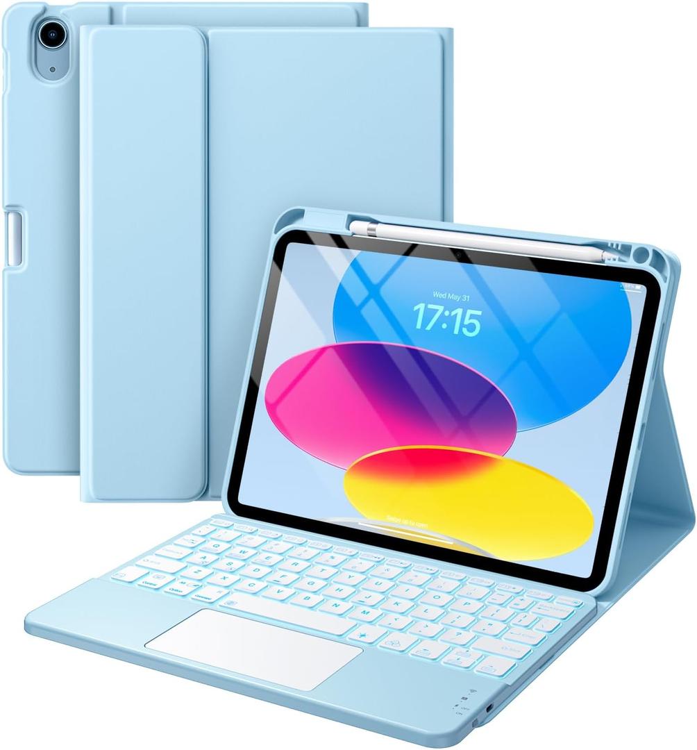 Compatible for iPad 11th 10th Generation Case with Keyboard, Folio Cover with Pencil Holder, Multi-Touch Trackpad, 7 Color Backlit, Detachable Keyboard for iPad (A16) 11th/10th Gen (Sky Blue)