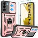 Gritup Compatible with Samsung Galaxy S22 Plus Case with HD Screen Protector with Slide Camera Cover, 360Rotation Ring Kickstand [Military Grade], Rose Gold