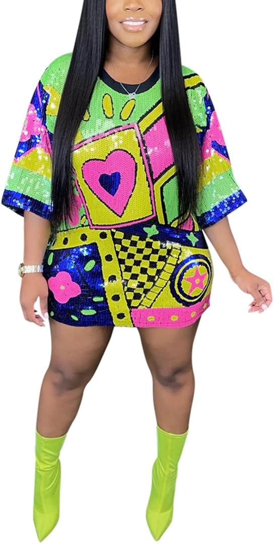 Fawjsais Women's Half Sleeve Dress O Neck Printed Sequins Mini Dress Loose Casual Sexy Nightclub Party T-Shirts Tops Dress (Medium)