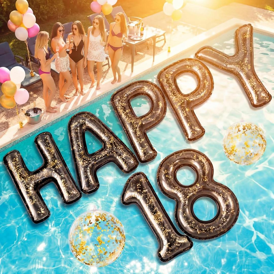 9 Pcs Happy 18 Pool Float Letters, 20" Large Inflatable Black Gold Glitter Birthday Decorations with 2 Beach Ball 18th Birthday Pool Party Supplies for Teens & Adults