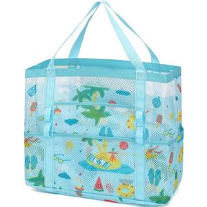 Fammart Mesh Beach Bag, Large Beach Tote with Zipper Pocket, Toys Pool Bag for Family Travel Vacation Cruise Essentials (Large - Coconut Tree)