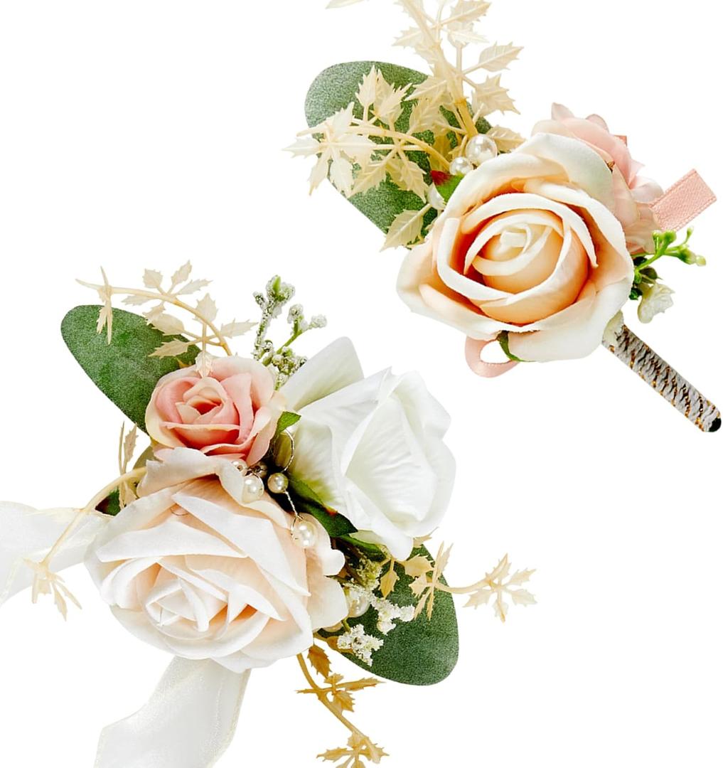 SITUMEIZI 2Pcs Champagne Corsage and Boutonniere Set Wrist Corsage Bracelets and Boutonniere for Men Wedding Prom Party Suit Decor