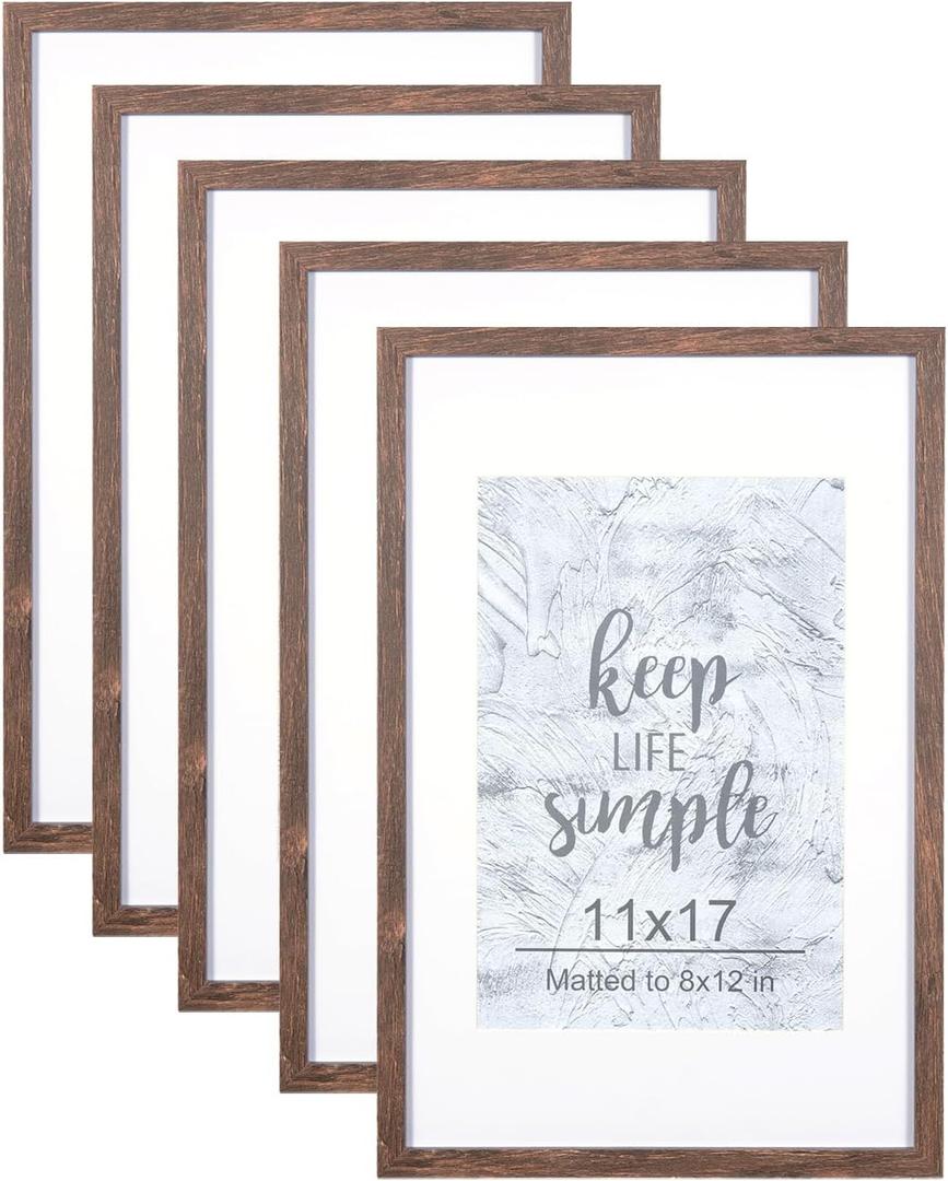 kennethan 11x17 Picture Frame Rottern Brown Set of 5, Wooden Poster Frame for Wall Mounting Display for Home, Office,Gallery,Holiday with Photos, Posters, Puzzles