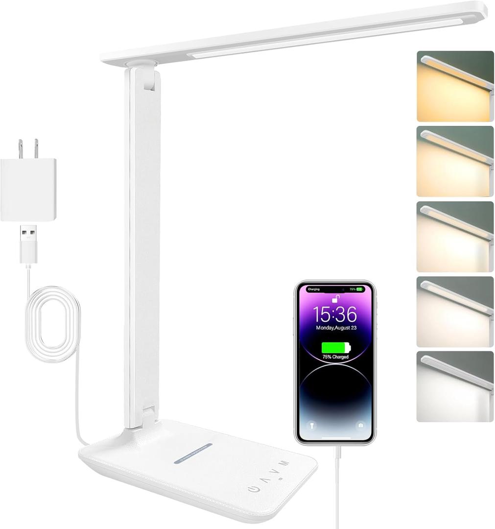 White crown LED Desk Lamp with 15W Wireless Charger & USB Port, Dimmable Table Lamp with 5 Lighting Modes, Sensitive Touch Control, Foldable & Portable Desk Light for Home, Office, Bedroom, Reading (Pro)