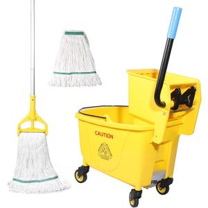 Side Press Wringer Combo Commercial Floor Cleaning Rectangular Mop Bucket on Wheels, 35-Qt, Yellow,Add One Mop and One Mop Head Replacement