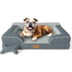 CWAWZ Dog Beds for Large Dogs, Orthopedic Dog Bed with Cooling Gel Memory Foam, Waterproof Large Pet Bed with Removable Washable Cover, 36" Pet Sofa Couch Dutch Velvet with Bone Toy, Dark Gray