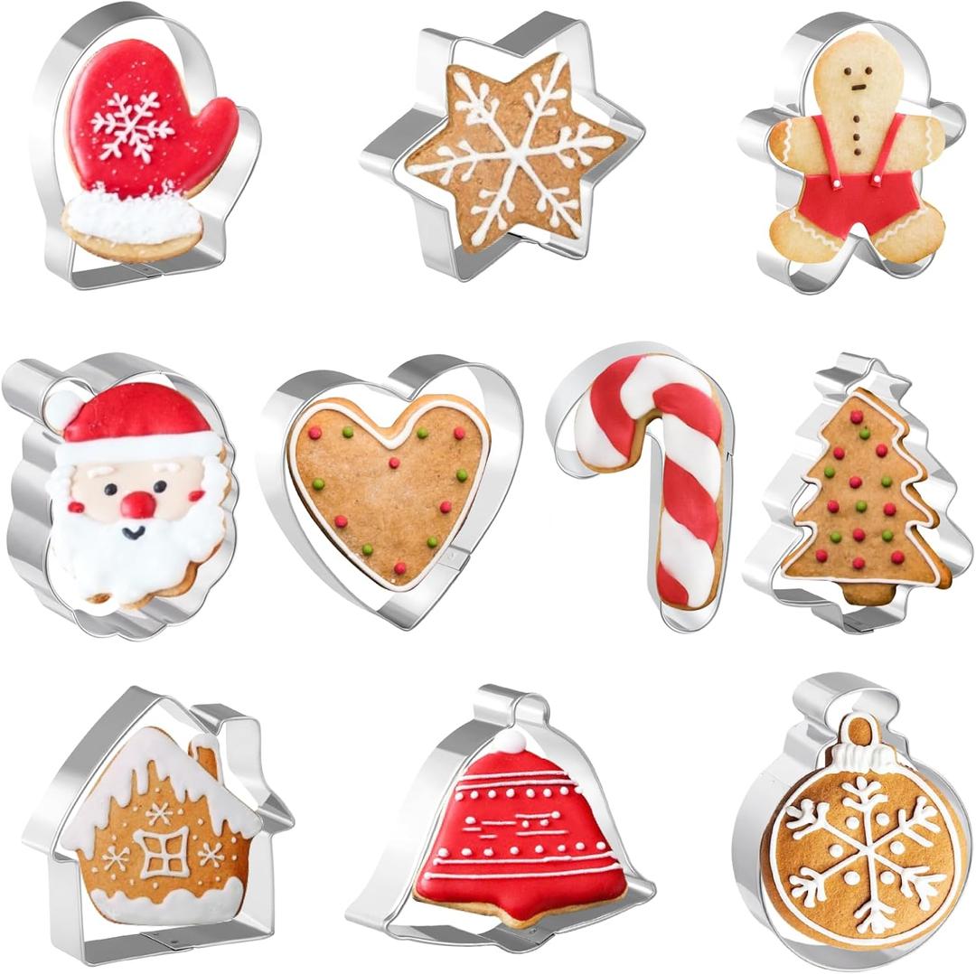 Christmas Cookie Cutters 10 PCS, 3'' to 3.5'', Santa Face, Gingerbread Man, House, Christmas Tree, Bell, Mitten
