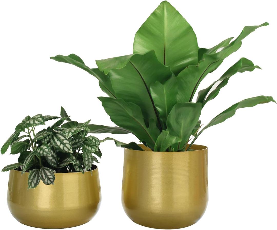 Vixdonos Gold Metal Flower Pots Brass-Toned Garden Planters, 7.1/6.3 Inch Indoor Round Succulent Containers, Pack 2 Cactus Plant Pots with Drainage Hole