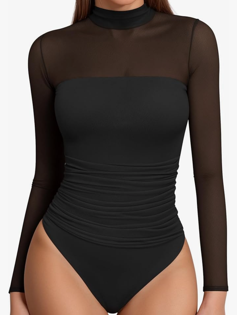 UEOIOW Women's Rhinestone Bodysuit Sheer Mesh Glitter Body Suit Tops Shirts Leopards