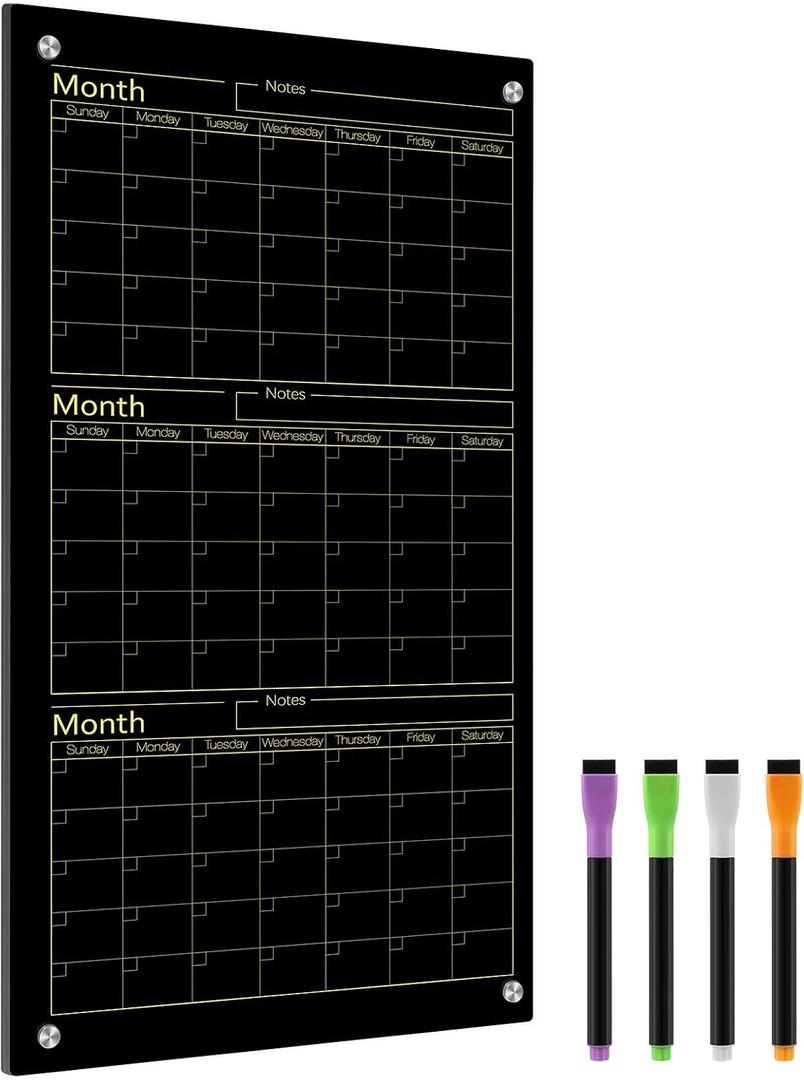 Black Glass Whiteboard Calendar 36" X 18" 3 Month Dry Erase White Board Planner Glass Large Wall Mounted Calendar with Marker Tray for Wall Home Office