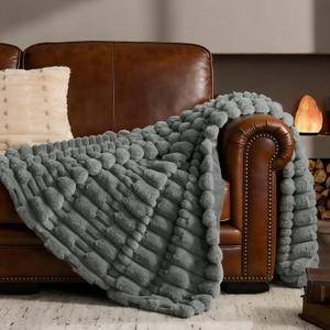 BEDELITE Faux Fur Grey Throw Blanket for Couch - Super Soft & Cozy Plush Striped Blanket for Sofa and Room Decor, Luxury Fluffy All-Season Blankets Gift for Women, Men, Mom, Dad, 50x60 inch, Grey