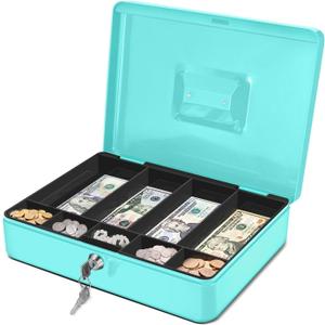 Flexzion Cash Box with Money Tray and Lock - Metal Cash Box for Small Businesses, 9-Compartment Blue Money Box with Removable Tray and Key, Portable Storage for Checks and Coins, Blue