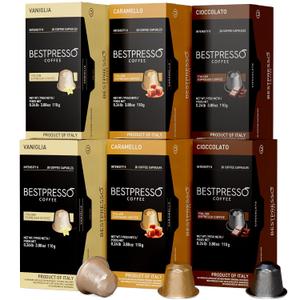 Bestpresso Coffee for Nespresso Original Machine 120 Aluminum pods Certified Genuine Espresso Variety Pack Caramel,Vanilla and Chocolate (EXP 02/02/28)
