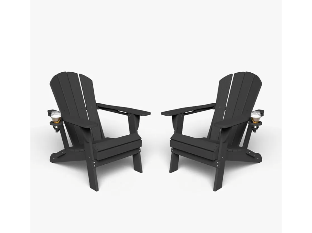 Folding Adirondack Chair with Cup Holders Set of 2, HDPE Plastic Outdoor Chairs, Weather Resistant, Real Wood Look for Patio, Deck, Fire Pit, Backyard, Black
