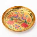 Brass Plate Hand Crafted Embossed Colorful Peacock Design for Pooja Temple Mandir Bhog and Gifting Size - 7" (Brass Peacock Plate)