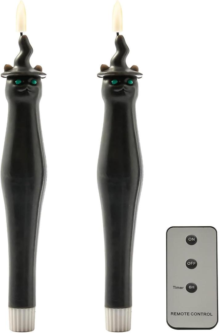 WDS WONDROUS Halloween Flameless Candles Set of 2, Black LED Battery Operated Black Candlesticks with Cat Design, Fake Tapered Candles with Remote for Halloween Decor & Table Centerpieces