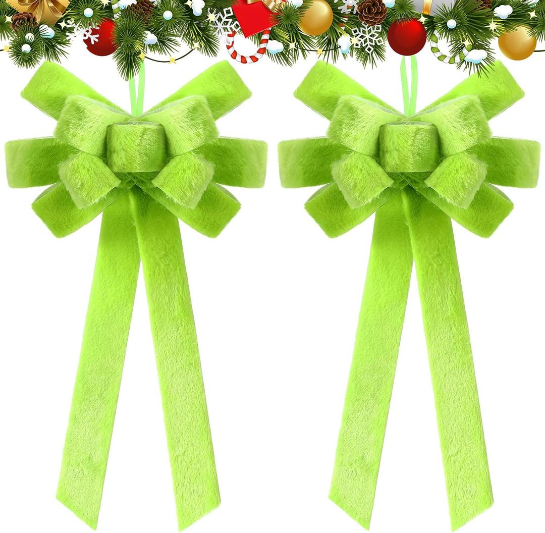 2 Pcs Lime Green Christmas Decorations Big Lime Green Christmas Bow Large Plush Bows for Wreath Tree 16 x 11 Inch Topper Bow Ornament for Xmas Home Front Door Outdoor Garland Decor