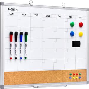 Comix Dry Erase Calendar Whiteboard Corkboard Combo, 24 * 18 inch Monthly Calendar and Bulletin Board Combination for Wall, Aluminum Frame Planner with Dry Erase Markers, Magnets, Push Pins