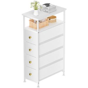 YILQQPER Narrow Dresser for Bedroom, Slim Dresser Storage Tower, Chest of 4 Fabric Drawers with Wood Shelf, Bathroom Organizers and Storage for Small Spaces, Laundry, Closet, White