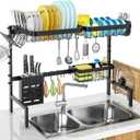 MERRYBOX Over The Sink Dish Drying Rack, 2-Tier Adjustable Length (25.6-33.5in), Stainless Steel Dish Drainer with Cutting Board Holder, Large Dish Rack for Kitchen Counter Organizer Space Saver (Black)