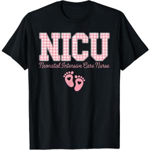 NICU Nurse Neonatal Care Pink Gingham Heart Baby Footprints T-Shirt, S