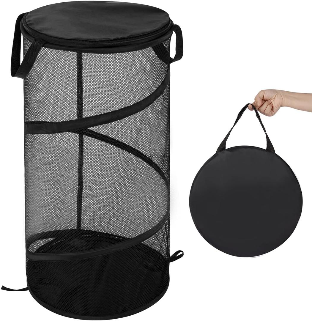 BATTOO Collapsible Laundry Basket with Lid Foldable Mesh Pop Up Hamper with Handles for Laundry Room, Bathroom, Kids Room, College Dorm, Travel, Storage Organizer Black (Medium)