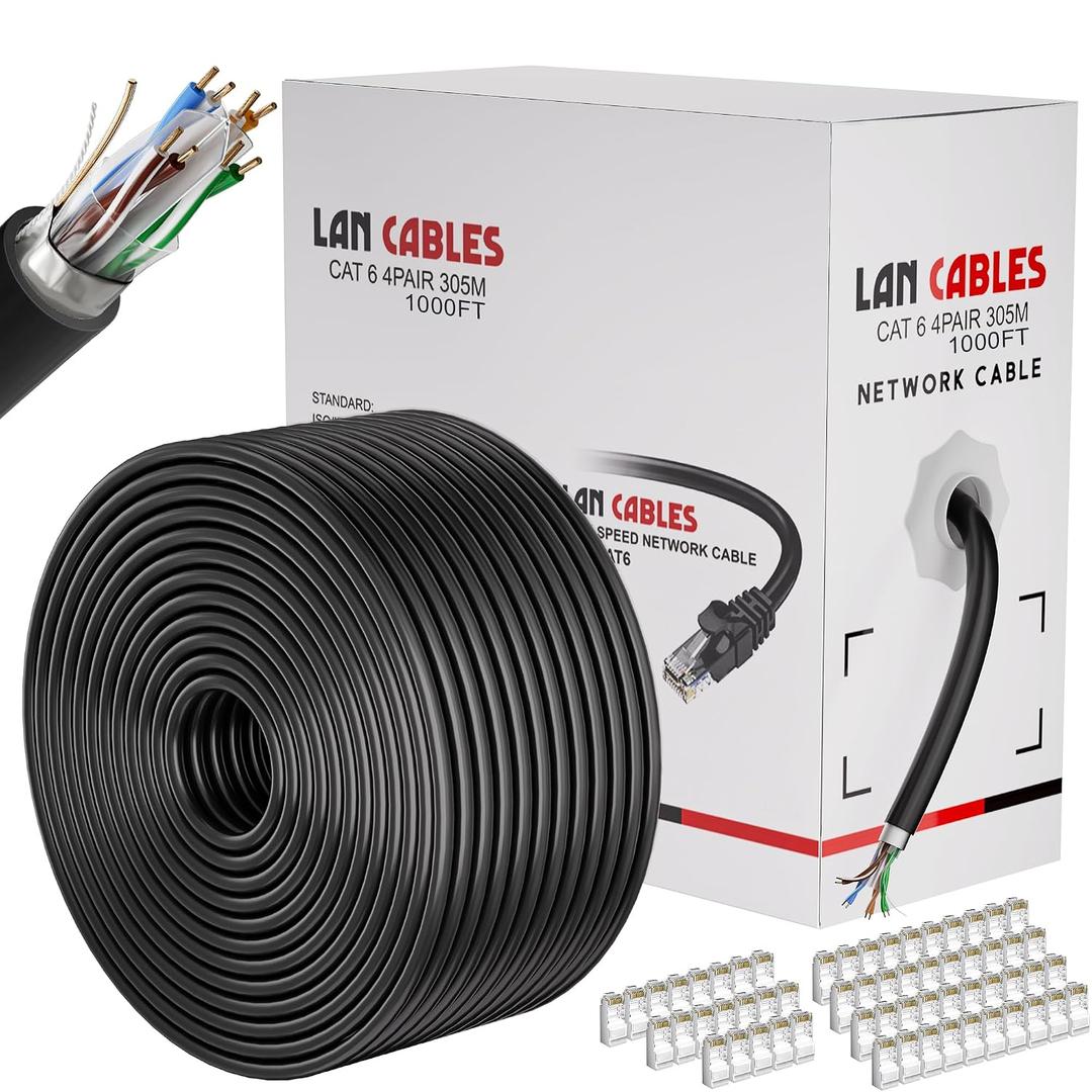 Cat 6 Ethernet Cable 1000ft (60 RJ45), Outdoor & Indoor, Cat 6 FTP Shielded Ethernet Cable Bulk, 23AWG, Heavy Duty, Direct Burial, Waterproof, UV Resistant, Cat6 1000ft for Router, PC, Gaming, CCA