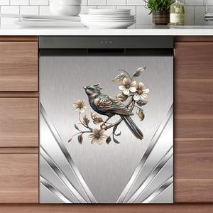 Brushed Silver Metal Texture Bird and Floral Wallpaper Kitchen Decor Dishwasher Magnet Sticker,Refrigerator Door Metallic Silver for The Front Cover Skin Metal Grey Decal 23x17 inch