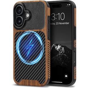 TENDLIN Magnetic Case Compatible with iPhone 17 Case Wood Grain with Carbon Fiber Texture Design Leather Hybrid Slim Cover (Compatible with MagSafe) Black