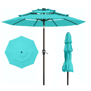 Patio Kingdom 10FT Patio Umbrella 3 Tiers Outdoor Market Umbrella w/Push Button Tilt, Crank, UV and Waterproof Table Umbrella for Garden, Pool, Backyard, Deck, Lawn, Sky Blue