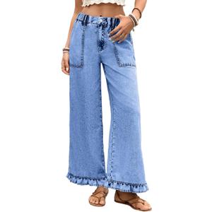 Astylish Wide Leg Jeans for Women Stretch High Wasited Baggy Trendy Denim Jean Ruffle Hem Pants Size 4