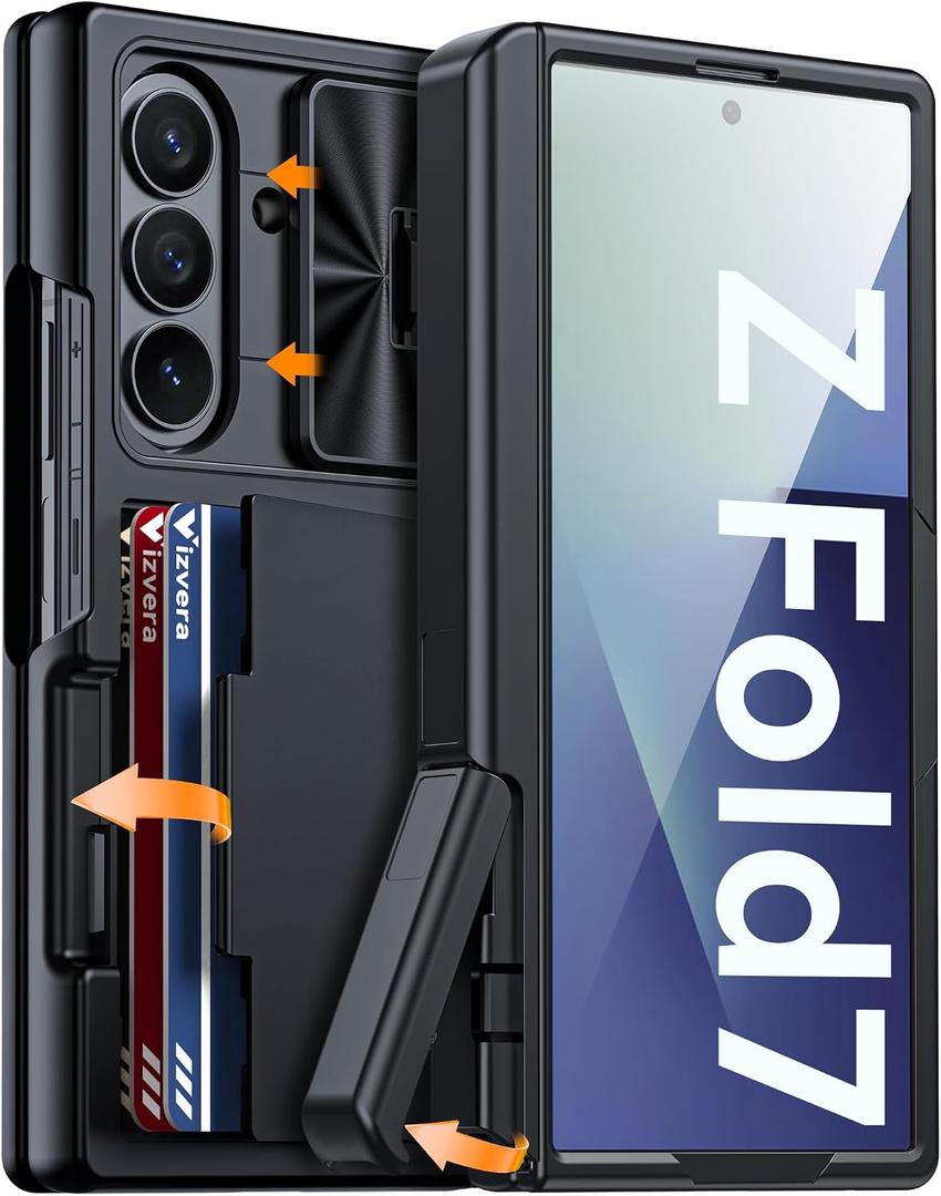 Vizvera for Samsung Galaxy Z Fold 7 Case RFID Wallet with Cards Holder[Kickstand][Camera Cover] Shockproof Silicone Protective Phone Case for Z Fold 7 2025-Black
