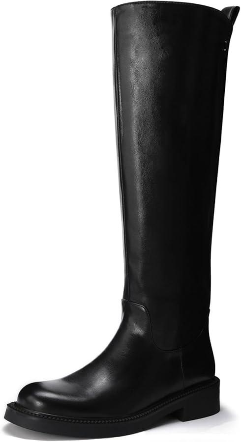 feetquake Women's Knee High Boots Chunky Heel Square Toe Side Zipper Tubular Leg Soft Black PU Leather Classic Fashion Dress Long Boots 11M