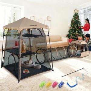 3 in 1 Portable Cat Enclosures with Tunnel & Cat House, Quick Setup Foldable Indoor Outdoor Cat Play Tent for Pet Families, Upgraded Stable Frame, Extra Large Space, Storage Bag + Cat Wand & Balls