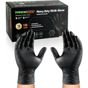 TREEGO 10 Mil Black Nitrile Gloves Heavy Duty  Raised Diamond Texture Grip, Latex Free Disposable Mechanic Work Gloves, Large, 100 Count