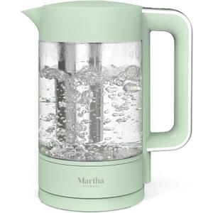 Martha Stewart Electric Kettle with Removable Stainless Steel Tea Infuser, Glass Carafe 1.7L (7 Cups), Hot Water Boiler, 4 Presets, Keep Warm & Auto Shut-Off, Cordless 360° Swivel Base, Honeydew Green