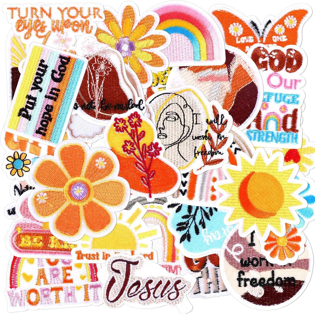 Yuxung 48 Pcs Christian Iron on Patches Religious Vintage Flower Rainbow Embroidery Applique Patch Inspirational Boho Christian Sewing Patches for Backpack, Hats, Clothing, Jeans DIY Emblem Accessory