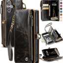 Defencase Compatible with iPhone 16 Case Wallet with RFID Blocking Card Holder for Women and Men, Fashion PU Leather Magnetic Snap Flip Zipper Strap Wallet Phone Case for iPhone 16 6.1", Coffee