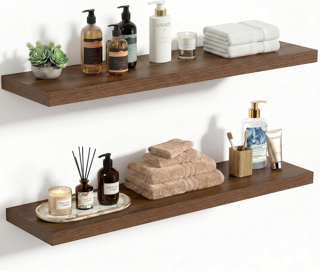 Vivelove 10 Inch Deep Floating Shelves 30x10 Set of 2, Walnut | Easy Install With Hardware, Invisible Brackets, Bathroom Bedroom Living Room Kitchen, No Sagging, For Display and Storage