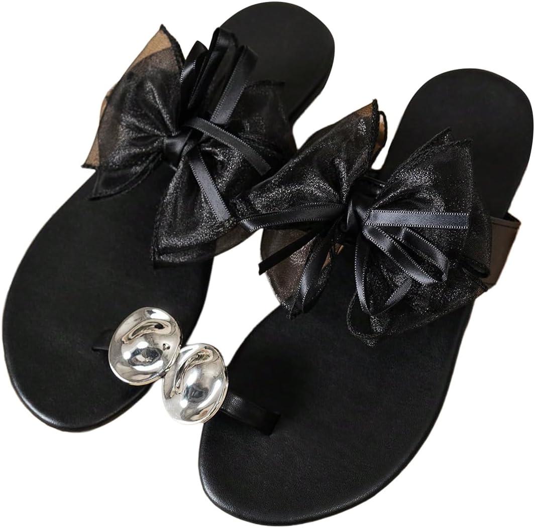 WDIRARA Women's Bow Toe Ring Flat Sandals Open Toe Thong Slide Sandals Casual Summer Beach Flip Flops