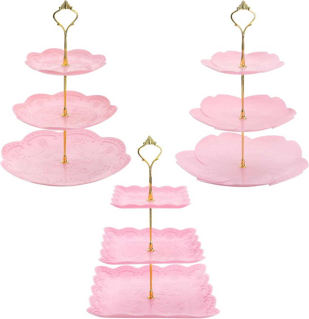 Tosnail 3-Pack 3 Tiers Plastic Cupcake Dessert Stand, Tiered Serving Trays with Gold Rod, Candy Pastry Holders for Baby Shower, Wedding and Party, Pink Plates