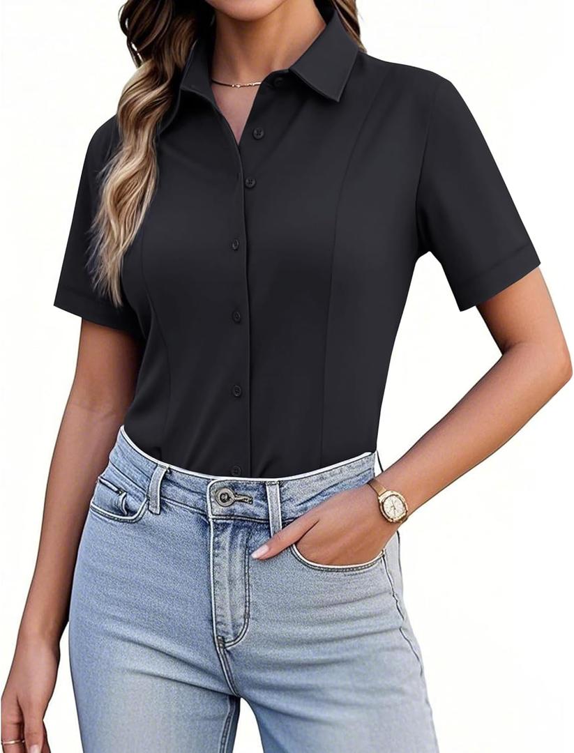siliteelon Women's Button Down Shirts Slim fit Short Sleeve Stretch Dress Shirts Wrinkle-Free Solid Work Blouse (Large, Black)