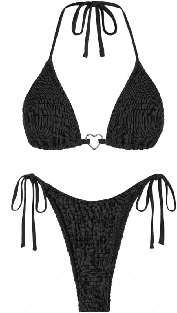 Womens Bikini Sets Two Piece Swimsuit Solid Smocked Tie Triangle Bikini Sets Love-Ring Bathing Suits L