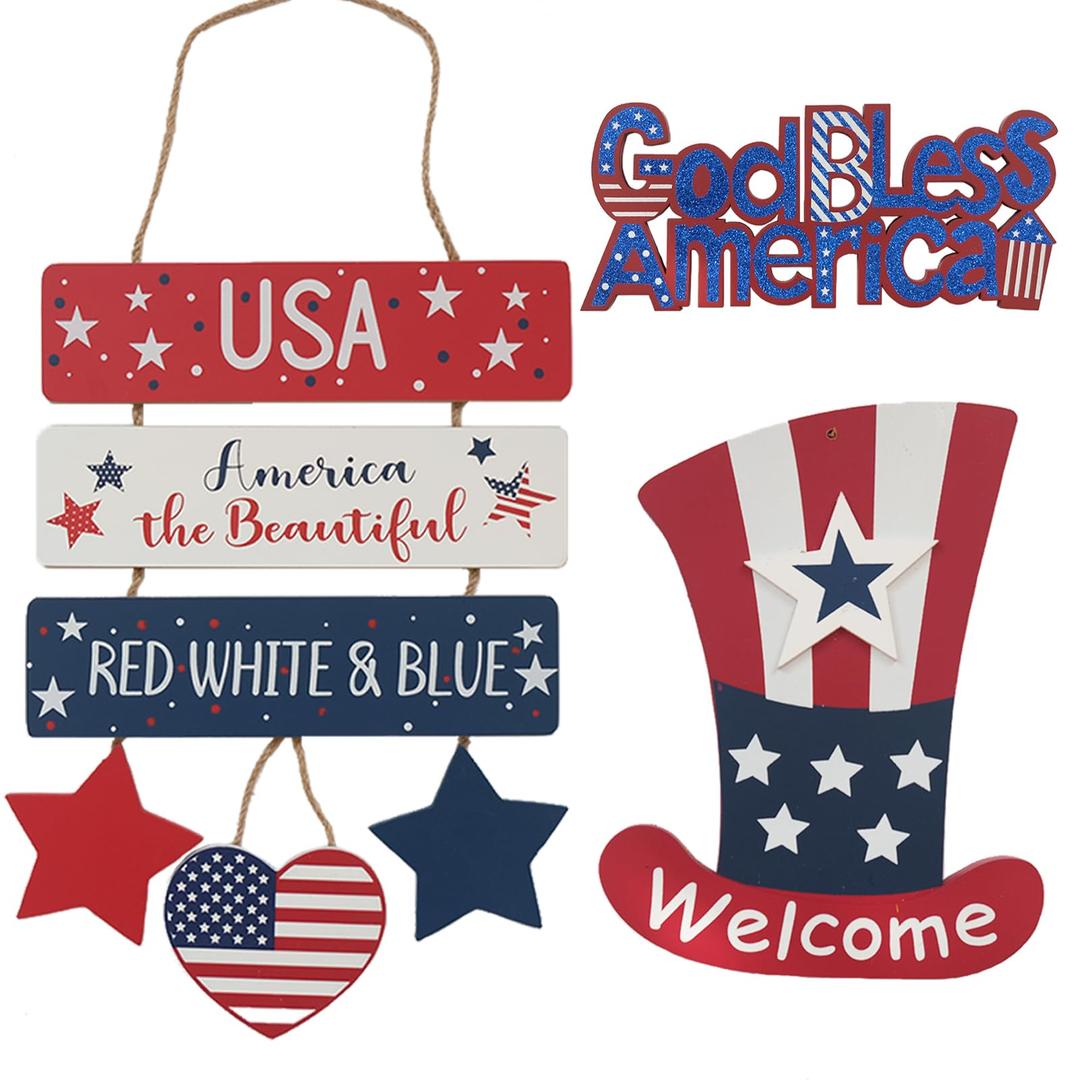 vivimemo 4th of July Wreaths Patriotic Wooden Hanging Signs, 3 Pcs USA Welcome Door Hangers with Star Heart, Red White Blue Independence Day Decor for Home Front Door Porch Party Memorial Day